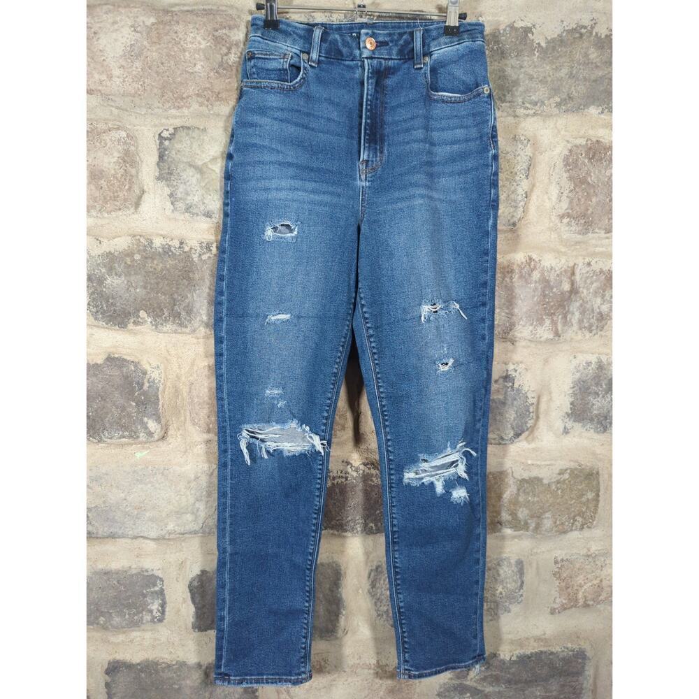 American Eagle Medium Wash Distressed High Rise Mom Jeans Womens 4 Long 0716-FFF